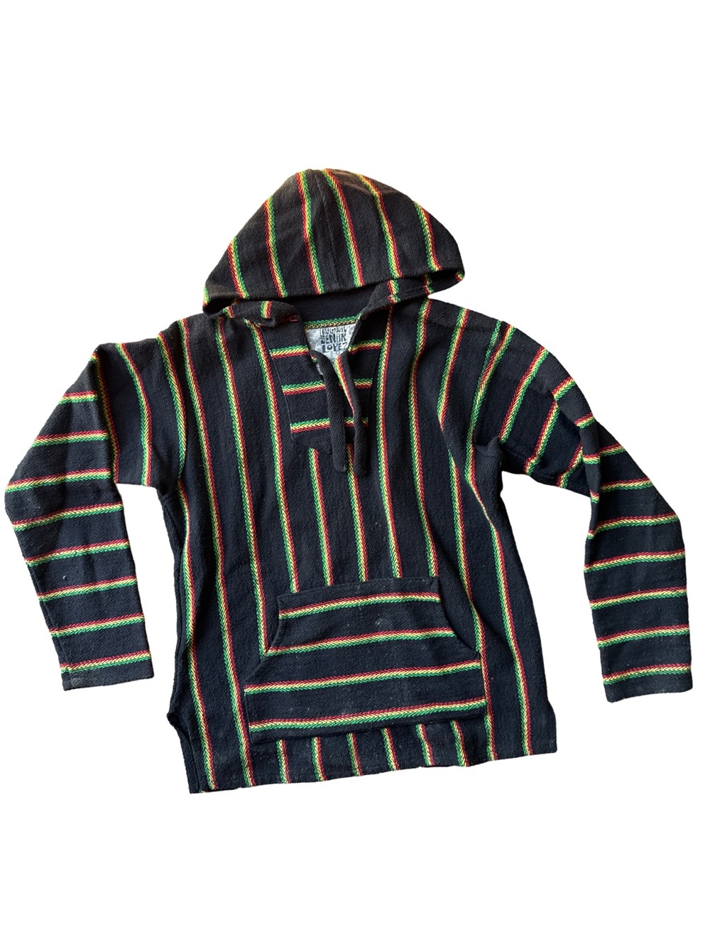 Men's Black Striped Hooded Crewneck Sweater with Green and Red Accents